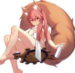  1girl absurdres animal_ear_fluff bangs blush breasts closed_mouth fate/extra fate_(series) fox_girl fox_tail gallant99770 highres large_breasts legs long_hair looking_at_viewer mirror nude pink_hair simple_background sitting smile solo tail tamamo_(fate)_(all) tamamo_no_mae_(fate) thighs towel white_background yellow_eyes 