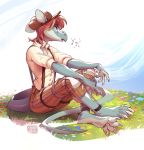  2019 5_fingers anthro barefoot clothed clothing dragon grass kyander male sitting solo 