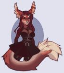  anthro breasts canid canine clothed clothing female hi_res horn hybrid junebuq looking_at_viewer mammal simple_background solo 