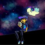  1other baseball_cap brown_hair colored_skin denim eating eda food food_on_face frisk_(undertale) ghost hat holding holding_food holding_sandwich jeans napstablook pants sandwich shirt shoes short_hair sitting sky sneakers star_(sky) starry_sky undertale yellow_skin 