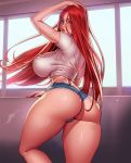  1girl arm_up ass blue_eyes blush breasts covered_nipples denim denim_shorts highres huge_breasts lips lipstick long_hair looking_at_viewer looking_to_the_side makeup nikita_varb original raised_eyebrows red_hair short_shorts shorts solo sunlight thick_thighs thighs very_long_hair window 