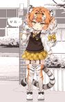  1girl animal_ears black_hair bow garter_straps hair_bow highres kemono_friends kolshica long_hair multicolored_hair necktie orange_hair orange_legwear siberian_tiger_(kemono_friends) solo thighhighs tiger_ears white_hair white_legwear yellow_bow yellow_neckwear 