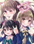  3girls :d \m/ black_hair black_jacket blazer blue_jacket blush bob_cut bow bowtie brown_dress brown_hair check_commentary closed_mouth collared_shirt commentary_request crescent crescent_hair_ornament diagonal-striped_bow diagonal-striped_bowtie diagonal-striped_clothes double_\m/ dress dress_shirt fingers_to_cheeks fujishima_megumi green_bow green_bowtie hair_bow hair_ornament hands_on_own_cheeks hands_on_own_face hasu_no_sora_school_uniform highres in-franchise_crossover jacket link!_like!_love_live! long_hair long_sleeves love_live! love_live!_nijigasaki_high_school_idol_club love_live!_school_idol_project medium_hair multiple_girls nakasu_kasumi neck_ribbon nico_nico_nii nijigasaki_school_uniform one_eye_closed otonokizaka_school_uniform partially_unbuttoned pink_bow purple_eyes red_eyes ribbon sailor_collar sailor_dress school_uniform shirt short_hair smile striped_clothes sweater takenokohime tongue tongue_out trait_connection translated twintails two_side_up v-shaped_eyebrows virtual_youtuber white_sailor_collar white_shirt winter_uniform yazawa_nico yellow_ribbon yellow_sweater 
