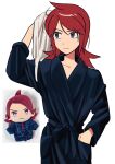  1boy bathrobe blue_robe character_doll chueog closed_mouth hand_in_pocket highres long_hair male_focus pokemon pokemon_hgss purple_eyes red_hair robe silver_(pokemon) simple_background solo towel upper_body wet wet_hair white_background 