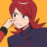  2boys cheek_pinching chueog ethan_(pokemon) jacket long_hair male_focus multiple_boys parted_lips pinching pokemon pokemon_hgss portrait purple_eyes purple_jacket red_hair red_jacket silver_(pokemon) simple_background solo_focus sweatdrop yellow_background 
