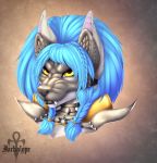  armor blue_hair braided_hair canid canine fur grey_fur hair jackalope_(artist) mammal piercing solo warrior yellow_eyes 