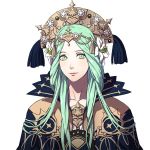  1girl bangs braid cape closed_mouth collarbone commentary dalachi_(headdress) face fire_emblem fire_emblem:_fuukasetsugetsu flower green_eyes green_hair hair_flower hair_ornament hair_over_shoulder high_collar kurahana_chinatsu long_hair looking_at_viewer official_art parted_bangs pink_lips rhea_(fire_emblem:_fuukasetsugetsu) simple_background smile solo transparent_background twin_braids upper_body 