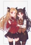  2girls absurdres black_bow black_legwear black_skirt blonde_hair bow breasts brown_hair character_name closed_mouth collared_shirt cosplay ereshkigal_(fate/grand_order) fate/grand_order fate/stay_night fate_(series) floating_hair hair_bow highres homurahara_academy_uniform ishtar_(fate/grand_order) long_hair looking_at_viewer marei_(mercy) medium_breasts miniskirt multiple_girls neck_ribbon pantyhose pleated_skirt red_eyes red_ribbon red_shirt ribbon shirt skirt smile standing thighhighs toosaka_rin toosaka_rin_(cosplay) very_long_hair white_background white_shirt wing_collar zettai_ryouiki 