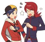 2boys anger_vein backwards_hat baseball_cap blue_eyes blue_hair chueog ethan_(pokemon) hat highres hood hood_down hooded_jacket jacket long_hair looking_at_another male_focus multiple_boys open_mouth pants pokemon pokemon_hgss purple_jacket purple_pants red_hair red_jacket shouting silver_(pokemon) simple_background sweat white_background 