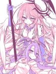  2girls angel_wings arm_support blush breasts crop_top feathered_wings gloves hair_between_eyes halo holding holding_scythe holding_weapon jibril_(no_game_no_life) large_breasts long_hair low_wings magic_circle mechanical_parts minazoi_kuina multiple_girls no_game_no_life pink_hair purple_eyes purple_hair scythe shuvi_(no_game_no_life) sitting sketch tattoo twitter_username very_long_hair weapon white_wings wing_ears wings 
