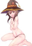  1girl bare_legs barefoot black_headwear black_panties breasts brown_hair covering covering_breasts embarrassed eyebrows_visible_through_hair hair_between_eyes hat highres kono_subarashii_sekai_ni_shukufuku_wo! looking_at_viewer medium_hair megumin open_mouth panties red_eyes sikijou77o simple_background sitting small_breasts solo tears topless underwear white_background witch_hat 