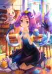  1girl :3 acerola_(pokemon) antenna_hair armlet bug butterfly closed_mouth collarbone diglett dress elite_four gengar hair_ornament indoors insect kneeling kutsunohito looking_at_viewer marill medium_hair poke_ball pokemon pokemon_(game) pokemon_sm purple_eyes purple_hair shiny shiny_hair short_dress sleeveless sleeveless_dress 