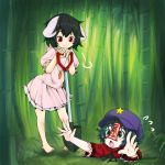  2girls :3 =3 animal_ears arms_up bamboo bare_arms bare_legs barefoot beret black_eyes black_hair bunny_ears carrot carrot_necklace chin_rest closed_mouth day dress fang floppy_ears flying_sweatdrops hand_rest hands_up hat head_rest hole inaba_tewi jakomurashi jiangshi looking_at_another looking_down looking_up miyako_yoshika multiple_girls ofuda open_mouth outdoors outstretched_arms outstretched_hand pink_dress puffy_short_sleeves puffy_sleeves red_eyes shirt short_dress short_hair short_sleeves shovel sigh standing star toes touhou 