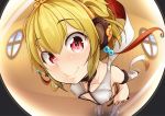  1girl aki_(akikaze_asparagus) andira_(granblue_fantasy) animal_ears bangs blonde_hair closed_mouth collarbone commentary_request covered_nipples detached_sleeves eyebrows_visible_through_hair fisheye granblue_fantasy indoors leaning_forward looking_at_viewer monkey_ears red_eyes smile solo standing thighhighs 