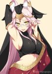  1girl adjusting_eyewear animal_ear_fluff animal_ears arm_behind_head armpits bangs blush breasts detached_sleeves eyebrows_visible_through_hair fate/grand_order fate_(series) fox_ears fox_girl glasses highres koyanskaya large_breasts long_hair looking_at_viewer pink_hair semi-rimless_eyewear silver-framed_eyewear smile solo tongue tongue_out twitter_username very_long_hair wide_sleeves yellow_eyes zeroshiki_kouichi 