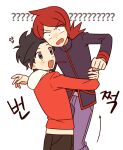  2boys ? ?? black_hair black_pants carrying carrying_person chueog ethan_(pokemon) grey_eyes highres hood hood_down hooded_jacket jacket light_blush long_hair male_focus multiple_boys open_mouth pants pokemon pokemon_hgss purple_jacket purple_pants red_hair red_jacket silver_(pokemon) simple_background white_background 
