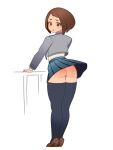  1girl :o absurdres alternate_legwear ass black_skirt black_thighhighs boku_no_hero_academia bright_pupils brown_eyes brown_shoes clothes_lift grey_jacket high_heels highres jacket long_sleeves looking_at_viewer looking_back monster_l_(hochihochiha) panties pleated_skirt school_uniform shirt shoes simple_background skirt skirt_lift solo thighhighs u.a._school_uniform underwear uraraka_ochaco white_background white_panties white_shirt 
