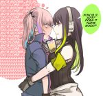  2girls armband bangs bare_shoulders black_gloves black_hair blue_eyes blue_hair bubble_tea cup drinking drinking_straw english_commentary english_text from_side girls_frontline gloves green_eyes headphones highres jacket long_hair m4a1_(girls_frontline) multicolored_hair multiple_girls pink_hair st_ar-15_(girls_frontline) two-tone_hair u_nagidon white_background 