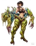  1girl armor artist_name biomechanical biopunk black_hair breasts brown_gloves carapace claws full_body gloves green_eyes highres kory_cromie medium_breasts navel original power_armor science_fiction short_hair solo standing wet white_background 
