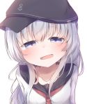  1girl black_headwear black_sailor_collar blue_eyes blush collarbone commentary_request eyebrows_visible_through_hair flat_cap hair_between_eyes hat hibiki_(kantai_collection) kantai_collection long_hair long_sleeves neckerchief open_mouth red_neckwear sailor_collar school_uniform serafuku silver_hair simple_background solo sorahachi_(sora823) white_background 