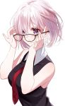  1girl black_shirt blush breasts closed_mouth fate/grand_order fate_(series) glasses hair_over_one_eye hands_on_eyewear highres large_breasts lips looking_at_viewer mash_kyrielight misumi_(macaroni) necktie purple_eyes purple_hair red_neckwear shirt short_hair sleeveless smile solo upper_body 