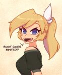 1girl black_shirt blonde_hair blue_eyes boat_goes_binted bogos_binted_(meme) commentary english_commentary english_text extra_arms fangs from_side highres long_hair looking_at_viewer meme nelly_(xyronii) open_mouth original ponytail shirt short_sleeves smile solo upper_body xyronii yellow_background 