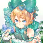 1girl aqua_bow aqua_neckwear bare_shoulders beads blonde_hair bow bowtie bracelet braid collarbone commentary english_commentary flower gold hair_bow hair_ornament hair_ribbon highres holding holding_ribbon hydrangea jewelry kagamine_rin large_bow leaf oyamada_gamata ribbon short_hair shoulder_ribbon shoulder_tattoo sidelocks solo tattoo vocaloid water_drop white_background wristband 