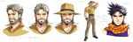  1boy absurdres adjusting_clothes adjusting_headwear arm_at_side battle_tendency belt black_hair black_shoes brown_belt brown_pants brown_shirt closed_mouth collared_shirt connected_beard cropped_shoulders full_body gloves hat highres jojo_no_kimyou_na_bouken joseph_joestar joseph_joestar_(old) joseph_joestar_(young) kotatsu_(g-rough) male_focus multiple_views old old_man orange_scarf pants purple_shirt reference_sheet scarf shirt shoes simple_background stardust_crusaders striped_clothes striped_scarf thick_eyebrows v-shaped_eyebrows white_background white_gloves 
