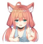  1girl ahoge aliter animal_ear_fluff animal_ears bangs bare_arms bare_shoulders blue_eyes blush cat_ears commentary_request cropped_torso eyebrows_visible_through_hair fang grey_tank_top hair_between_eyes hinata_channel long_hair low_twintails nekomiya_hinata open_mouth pink_hair sidelocks simple_background solo sweat tank_top twintails upper_body virtual_youtuber white_background 