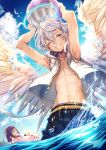  2boys ;d abs angel angel_wings aqua_eyes armpits bangs beach blush cloud cloudy_sky commentary_request day eyebrows_visible_through_hair feathered_wings flower flower_necklace from_above grin hair_between_eyes halo headband hero_(merc_storia) highres innertube jacket jewelry light_brown_hair looking_at_viewer male_focus male_swimwear merc_storia mito_itsuki multiple_boys navel necklace ocean one_eye_closed open_clothes open_jacket open_mouth orthos palm_tree pants partially_submerged shirtless sky sleeveless smile splashing spread_wings swim_trunks swimwear teeth tree unzipped wet white_hair white_wings wings zipper 
