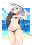  1girl armpits ass_visible_through_thighs bangs bare_shoulders bikini black_bikini black_ribbon blue_sky blush breasts cloud collarbone day facial_scar fate/apocrypha fate/grand_order fate_(series) green_eyes groin hair_between_eyes hand_on_headwear hand_up hat hat_ribbon highres holding innertube jack_the_ripper_(fate/apocrypha) looking_at_viewer luse_maonang micro_bikini navel ocean parted_lips petals ribbon scar scar_on_cheek short_hair shoulder_tattoo sky slit_pupils small_breasts solo standing stomach sun_hat swimsuit tattoo thighs white_hair white_headwear 