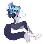  2019 5_fingers anthro blue_eyes blue_hair breasts clothing digital_media_(artwork) domestic_cat felid feline felis female footwear fur grey_fur hair here-kitty--kitty hi_res mammal navel nipples shoes solo white_hair 