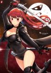 1girl black_jacket black_legwear black_leotard bow breasts chinchongcha cleavage covered_navel gloves highres jacket leotard long_hair mask mask_removed persona persona_5 persona_5_the_royal ponytail red_eyes red_gloves red_hair solo sword thighhighs thighs weapon yoshizawa_kasumi 
