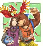  1girl 2boys banjo-kazooie banjo_(banjo-kazooie) bear belt bird brown_hair closed_eyes dragon_quest dragon_quest_xi feathers green_background green_eyes hair_intakes hero_(dq11) highres jersey kamekomaru kazooie_(banjo-kazooie) layered_clothing looking_at_another multiple_boys orange_shirt outline purple_shirt shirt shorts simple_background sleeveless sleeveless_shirt slime_(dragon_quest) super_smash_bros. tooth_necklace white_outline yellow_shorts 