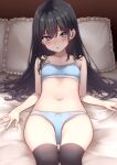  1girl absurdres asashio_(kancolle) bed black_hair black_thighhighs blue_bra blue_eyes blue_panties blush bow bow_bra bow_panties bra breasts collarbone commentary_request crotch_seam frilled_pillow frills hair_between_eyes highres kantai_collection long_hair looking_at_viewer lying navel nuka_(nvkka) on_back on_bed panties pillow small_breasts solo stomach thighhighs training_bra underwear white_bow 