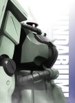  cable commentary_request english_text exposed_internal_machinery gradient_background gundam machinery mecha mecha_focus mobile_suit mobile_suit_gundam no_humans one-eyed radio_antenna red_eyes robot science_fiction shield shoumaru_(gadget_box) smoke title upper_body zaku zaku_ii zaku_ii_s zeon 