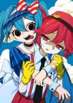  2girls apron black_choker black_necktie blue_hair blue_sky bow choker cloud collared_shirt dress drill_hair gloves hair_between_eyes hat hat_bow hatsune_miku highres hug hug_from_behind kasane_teto kepi long_hair looking_at_another mesmerizer_(vocaloid) military_hat multiple_girls myuga66666 necktie pants pinstripe_dress pinstripe_pattern red_bow red_eyes red_hair red_pants sailor_collar sharp_teeth shirt short_sleeves sky smiley_hat_ornament solid_oval_eyes striped_bow suspenders teeth tongue tongue_out twin_drills twintails utau very_long_hair visor_cap vocaloid waist_apron white_apron white_bow white_wrist_cuffs wing_collar wrist_cuffs yellow_gloves 