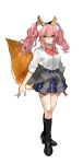  1girl absurdres animal_ear_fluff animal_ears black_legwear cardigan_around_waist clothes_around_waist fate/extella fate/extella_link fate/extra fate/grand_order fate_(series) fox_ears fox_girl fox_tail full_body grey_cardigan highres official_art pink_hair plaid plaid_skirt school_uniform shoes simple_background skirt solo tail tamamo_(fate)_(all) tamamo_jk_(fate) wada_aruko 