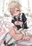  1girl arm_support ass_visible_through_thighs azur_lane bed_sheet blonde_hair blush braid breasts chain cleavage_cutout closed_mouth collar drawing_nk eyebrows_visible_through_hair frills frown garter_belt hair_over_one_eye highres indoors long_sleeves looking_at_viewer maid maid_headdress navel no_pants nose_blush on_bed panties sheffield_(azur_lane) short_hair sitting small_breasts solo thighhighs underwear white_legwear white_panties window yellow_eyes 