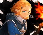  1girl absurdres bangs blonde_hair blue_eyes blue_jacket braid face fire green_eyes hair_behind_ear hair_ornament hairclip highres jacket looking_at_viewer open_mouth parted_bangs pointy_ears princess_zelda short_hair solo teeth the_legend_of_zelda the_legend_of_zelda:_breath_of_the_wild_2 translation_request yakipurin1031 