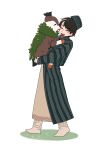 1boy absurdres blush boots brown_hair carrying closed_eyes doppa eyebrows_hidden_by_hair goat hat highres karluk_eihon open_mouth otoyomegatari pokemon pokemon_(creature) skiddo smile standing teeth tsumitobat79121 uzbek_clothes white_background 