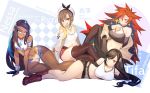  4girls :d atelier_(series) atelier_ryza between_breasts bike_shorts black_hair blue_eyes blue_gloves blue_hair breasts brown_eyes brown_hair brown_legwear character_name cleavage cross-laced_footwear crossed_legs dark_skin drinking_straw earrings elbow_gloves eyebrows_visible_through_hair final_fantasy final_fantasy_vii final_fantasy_vii_remake fingerless_gloves gloves hair_bun hat highres hoop_earrings jewelry large_breasts legs long_hair looking_at_viewer lying midriff multicolored_hair multiple_girls navel necklace on_side open_mouth original partly_fingerless_gloves pokemon pokemon_(game) pokemon_swsh red_eyes red_footwear red_hair red_shorts reisalin_stout rurina_(pokemon) short_hair short_shorts shorts single_glove sitting smile snakeping sparkle sports_bra sportswear star thighhighs thighs tifa_lockhart two-tone_hair white_headwear 