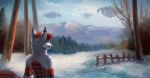  2019 anthro canid canine day detailed detailed_background digital_media_(artwork) floating_island forest fox fur head_tuft male mammal markings mountain mylafox nature nude outside red_markings sky smile snow solo standing tree white_fur 