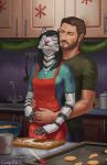  anthro apron beard black_fur black_hair brown_hair clothed clothing conqista duo elbow_tufts eyes_closed facial_hair felid female flour from_behind_(disambiguation) fur hair hug human human_on_anthro interspecies jasmine_miller kitchen long_hair male male_on_anthro mammal mustache pantherine romantic_couple siberian_tiger stripes tiger tuft white_fur white_skin 