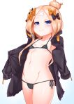  1girl abigail_williams_(fate/grand_order) bangs bikini black_bikini black_bow black_jacket blonde_hair blue_eyes blush bow breasts closed_mouth collarbone fate/grand_order fate_(series) forehead hair_bun highres jacket kirisame_mia long_hair long_sleeves looking_at_viewer micro_bikini navel open_clothes open_jacket orange_bow parted_bangs sleeves_past_fingers sleeves_past_wrists small_breasts smile solo swimsuit thighs white_background 