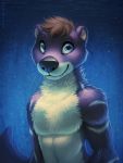  2019 anthro black_nose blue_eyes brown_hair digital_media_(artwork) featureless_chest fluffy fur hair half-length_portrait hi_res lutrine mammal markings mustelid mylafox nude portrait purple_fur simple_background smile solo url whiskers white_markings 