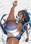  1girl ass bare_shoulders black_hair blue_eyes blue_hair dark_skin earrings from_behind grey_background highres hoop_earrings jewelry leg_lift looking_at_viewer looking_back multicolored_hair nuezou poke_ball pokemon pokemon_(game) pokemon_swsh rurina_(pokemon) short_shorts shorts simple_background skindentation solo thick_thighs thighs 