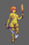  big_breasts blue_eyes boobsgames breasts female full-length_portrait goblin hair hi_res humanoid melee_weapon nipples nude orange_hair portrait pubes short_hair simple_background solo sword torch weapon 