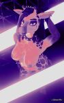2025 3d_(artwork) alternative_fashion anthro bedroom_eyes blender_(artwork) blender_eevee breasts collar digital_media_(artwork) ear_piercing facial_tattoo female fur geometric_background giraffe giraffid goth hair half-closed_eyes hi_res holding_head looking_at_viewer makeup mammal narrowed_eyes neon nipples nude ossicone_piercing piercing pinup pose ring_piercing seductive signature simple_background solo solo_focus spiked_collar spikes stylized summapaw tattoo