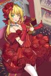 1girl blush braid breasts cleavage dress eyebrows_visible_through_hair fate/extra fate/grand_order fate_(series) gloves green_eyes holding holding_microphone jewelry large_breasts looking_at_viewer microphone necklace nero_claudius_(fate) nero_claudius_(fate)_(all) one_eye_closed pearl_necklace red_dress red_gloves red_nails shirokuma_a smile solo 